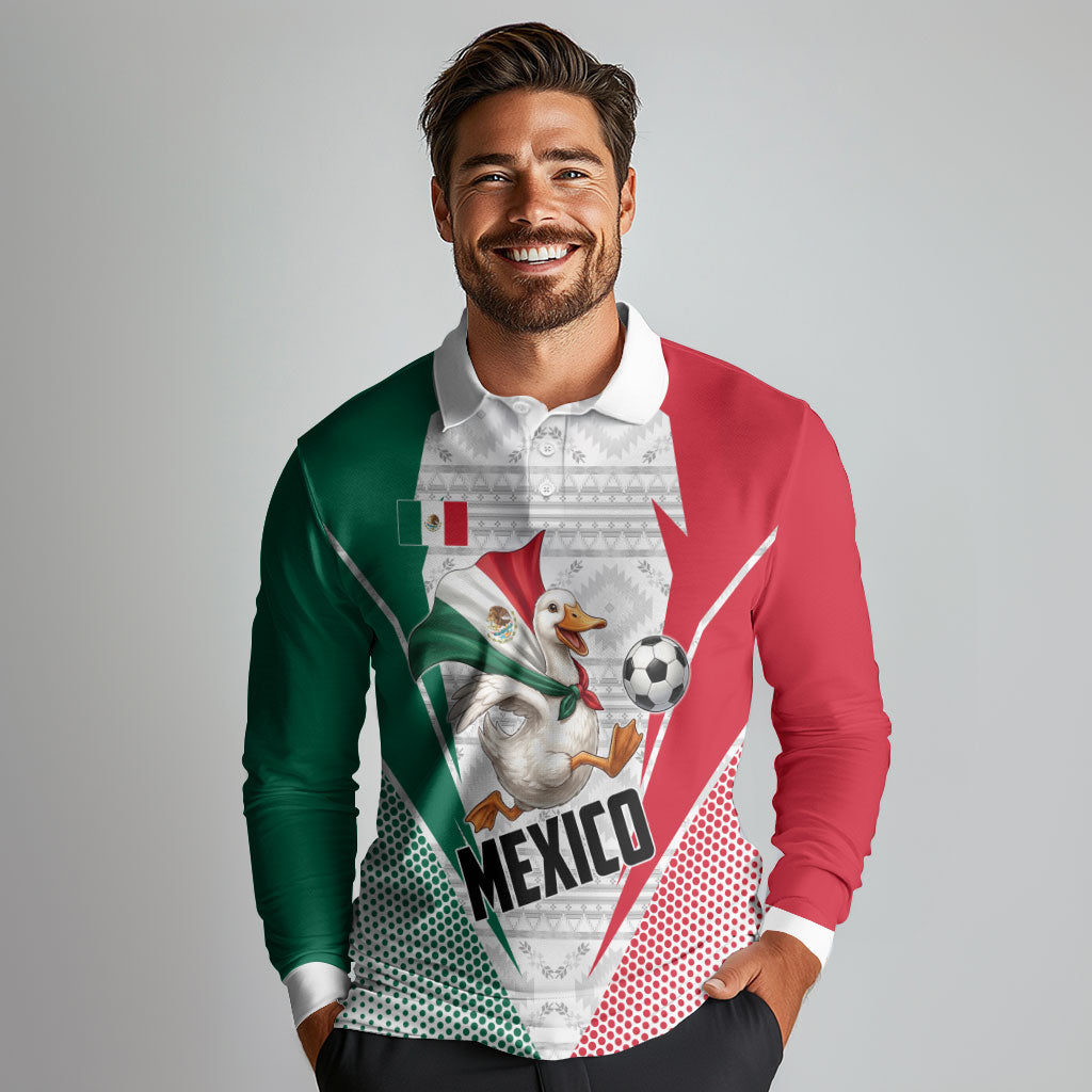 Personalized Mexico Soccer Duck Long Sleeve Polo Shirt Mexican Flag Cape Soccer Ball
