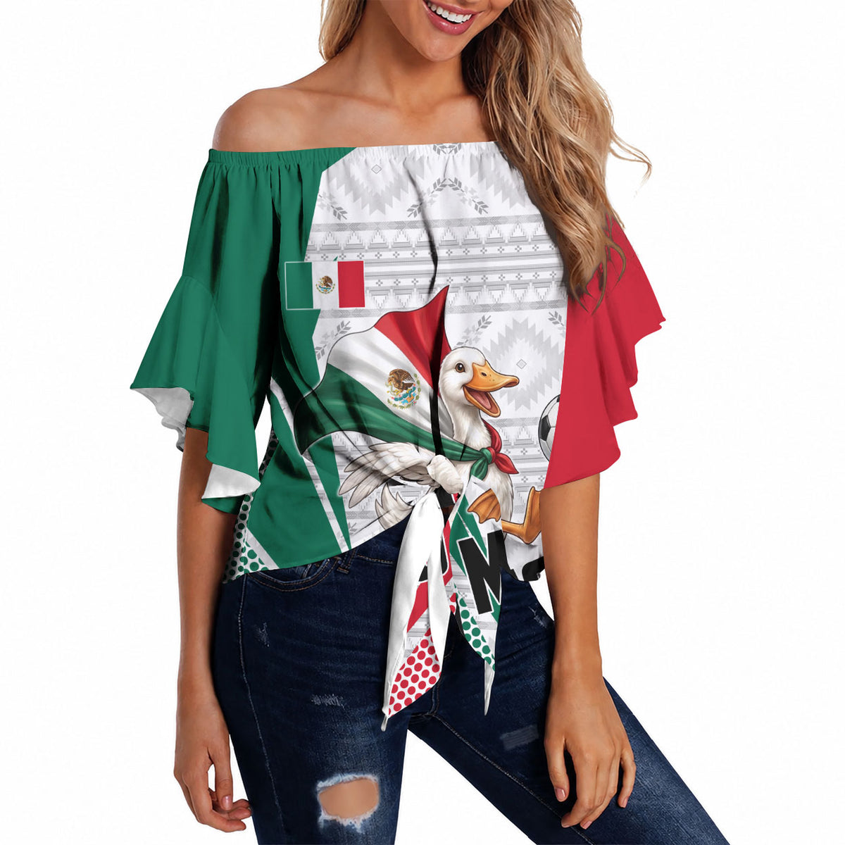 Personalized Mexico Soccer Duck Off Shoulder Wrap Waist Top Mexican Flag Cape Soccer Ball