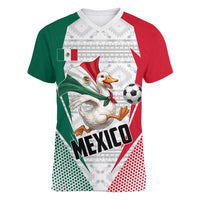 Personalized Mexico Soccer Duck Women V-Neck T-Shirt Mexican Flag Cape Soccer Ball