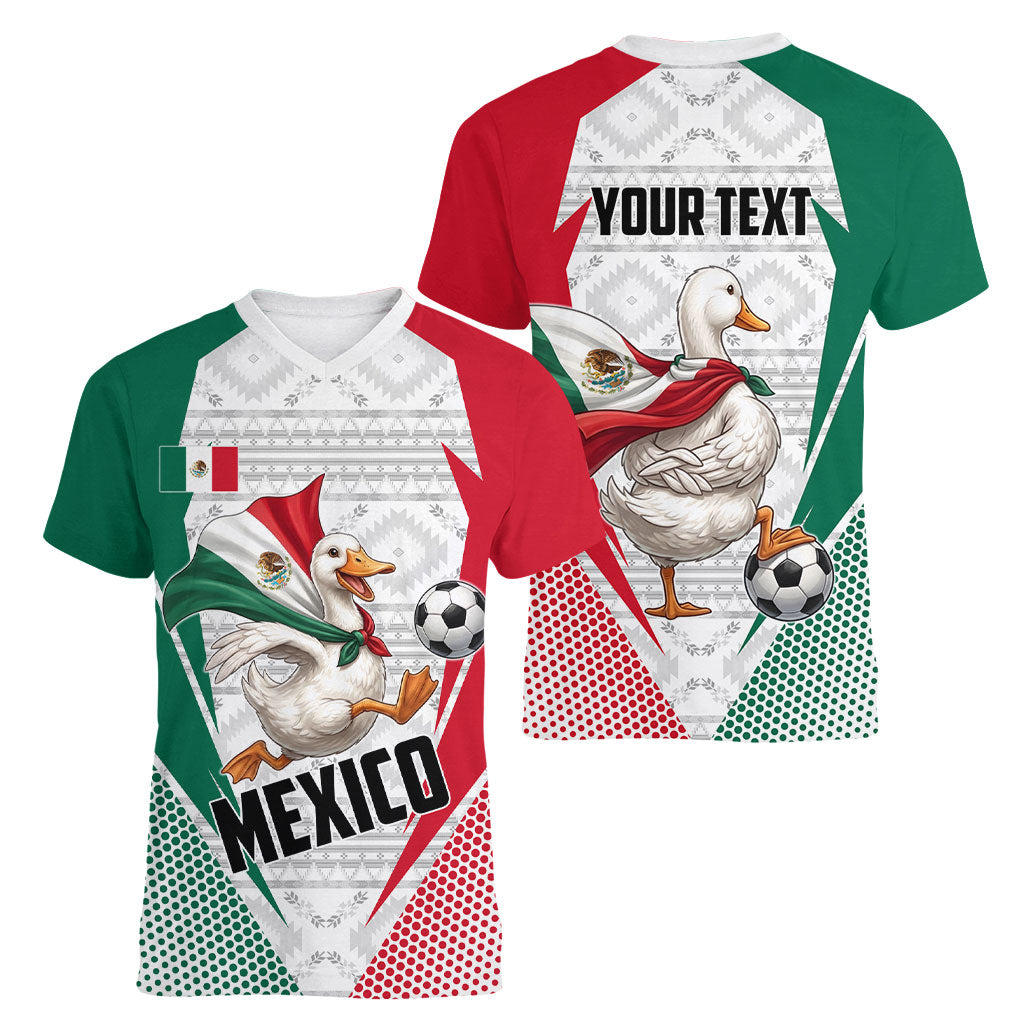 Personalized Mexico Soccer Duck Women V-Neck T-Shirt Mexican Flag Cape Soccer Ball