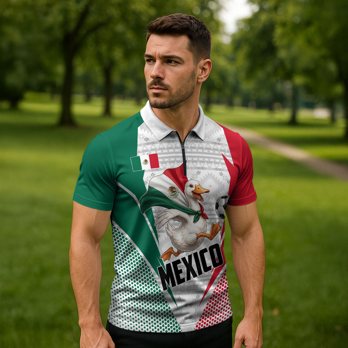 Personalized Mexico Soccer Duck Zipper Polo Shirt Mexican Flag Cape Soccer Ball