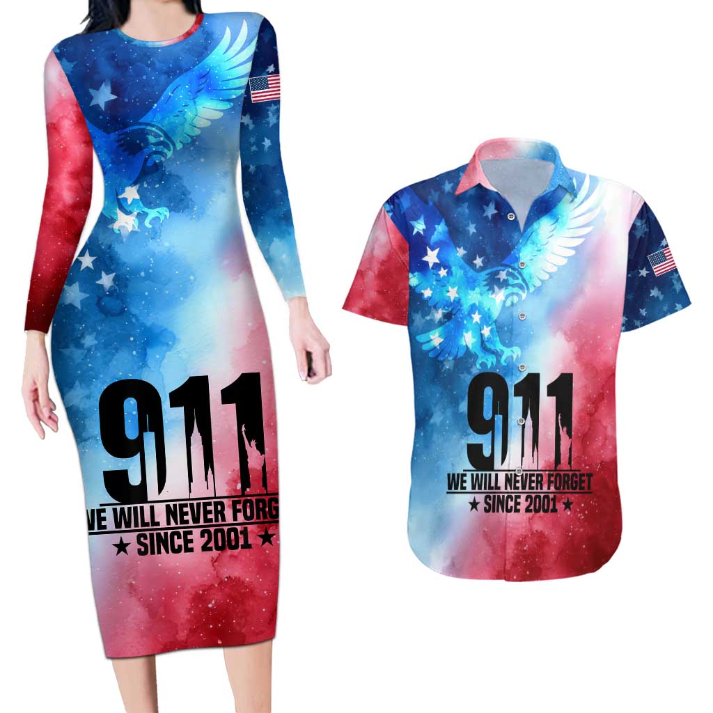 Patriotic 911 Memorial Patriot Day Couples Matching Long Sleeve Bodycon Dress and Hawaiian Shirt American Flag and Bald Eagle - Wonder Print Shop