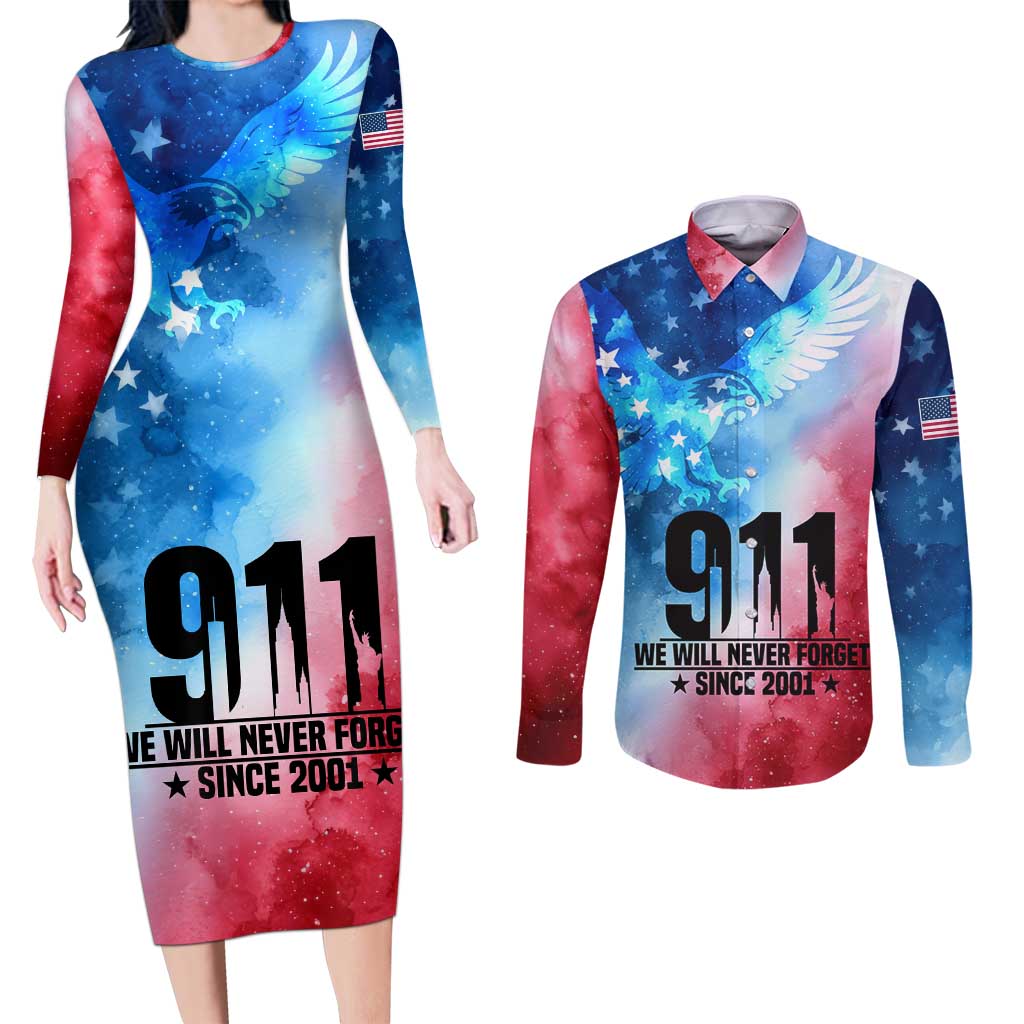 Patriotic 911 Memorial Patriot Day Couples Matching Long Sleeve Bodycon Dress and Long Sleeve Button Shirt American Flag and Bald Eagle - Wonder Print Shop