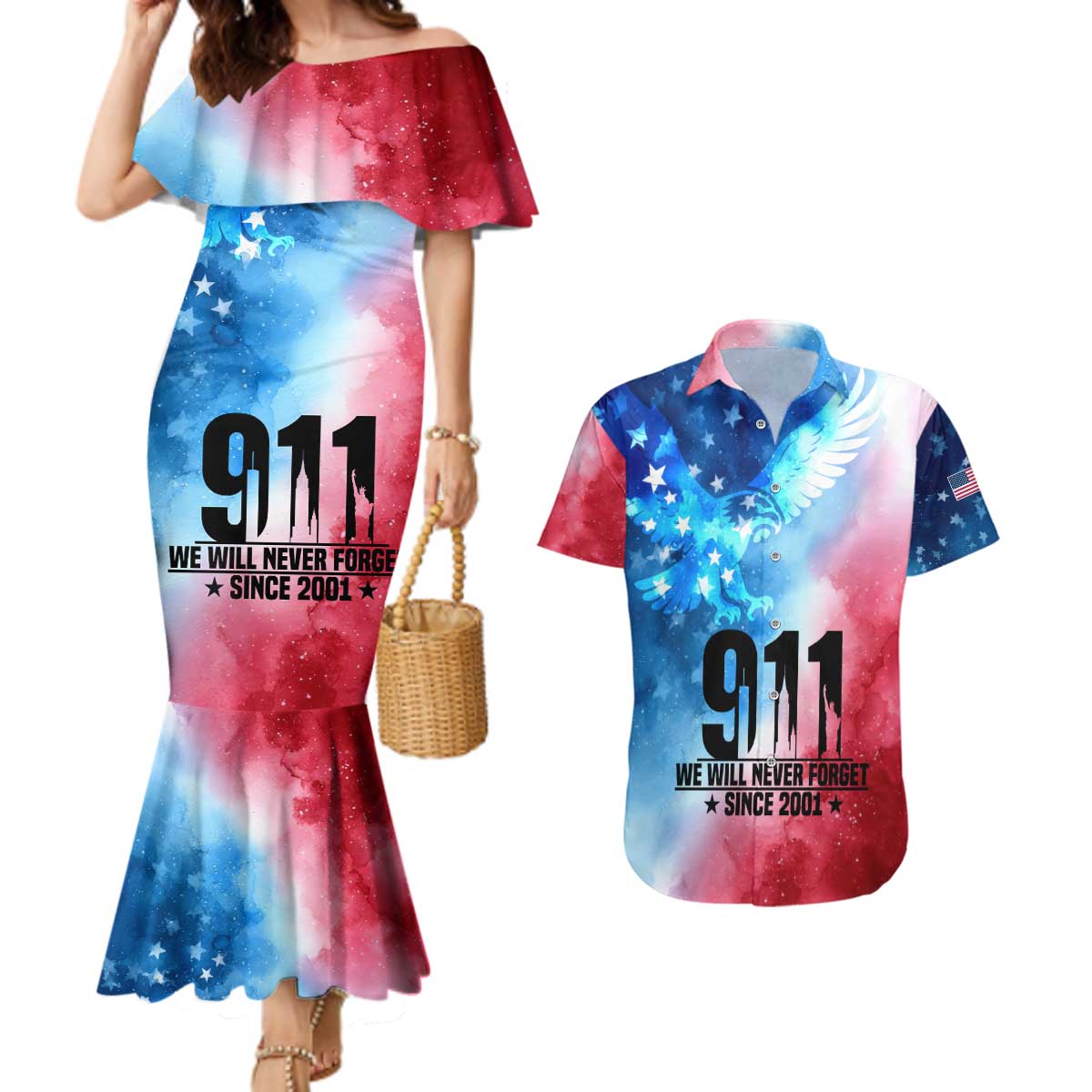 Patriotic 911 Memorial Patriot Day Couples Matching Mermaid Dress and Hawaiian Shirt American Flag and Bald Eagle - Wonder Print Shop
