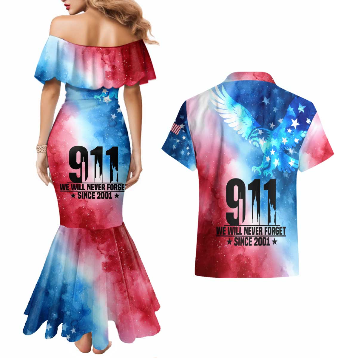 Patriotic 911 Memorial Patriot Day Couples Matching Mermaid Dress and Hawaiian Shirt American Flag and Bald Eagle - Wonder Print Shop