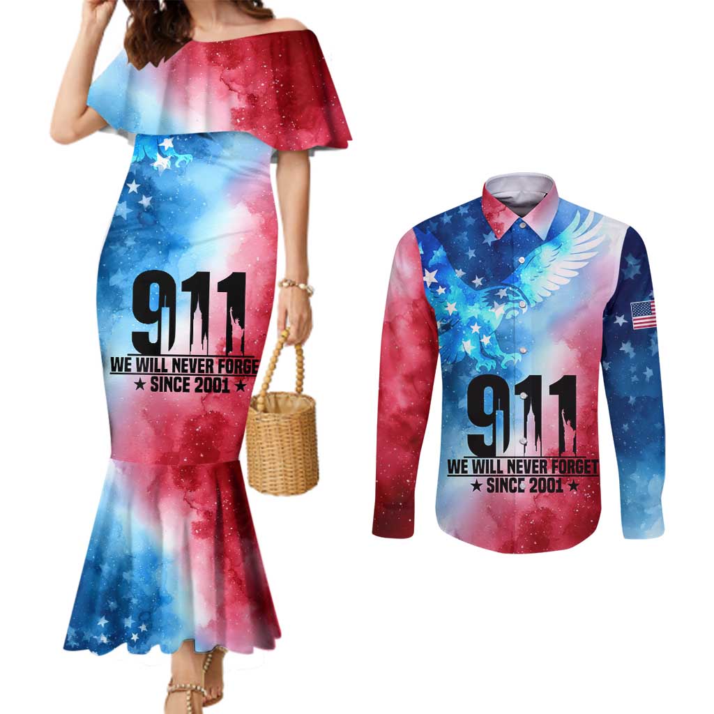 Patriotic 911 Memorial Patriot Day Couples Matching Mermaid Dress and Long Sleeve Button Shirt American Flag and Bald Eagle - Wonder Print Shop
