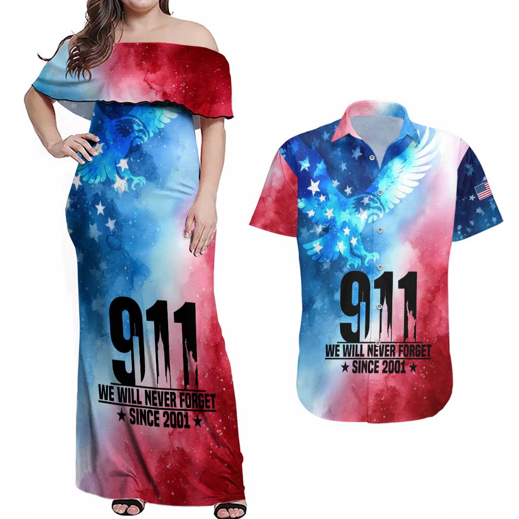 Patriotic 911 Memorial Patriot Day Couples Matching Off Shoulder Maxi Dress and Hawaiian Shirt American Flag and Bald Eagle - Wonder Print Shop