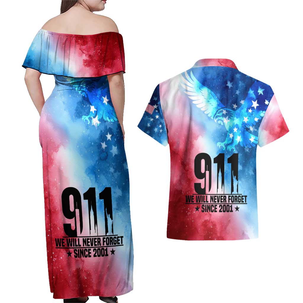 Patriotic 911 Memorial Patriot Day Couples Matching Off Shoulder Maxi Dress and Hawaiian Shirt American Flag and Bald Eagle - Wonder Print Shop