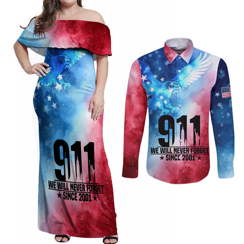 Patriotic 911 Memorial Patriot Day Couples Matching Off Shoulder Maxi Dress and Long Sleeve Button Shirt American Flag and Bald Eagle - Wonder Print Shop