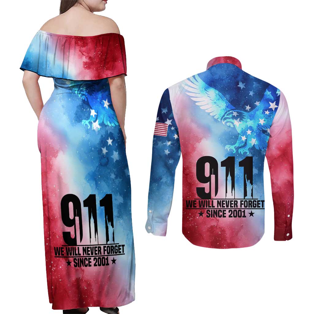 Patriotic 911 Memorial Patriot Day Couples Matching Off Shoulder Maxi Dress and Long Sleeve Button Shirt American Flag and Bald Eagle - Wonder Print Shop