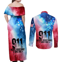 Patriotic 911 Memorial Patriot Day Couples Matching Off Shoulder Maxi Dress and Long Sleeve Button Shirt American Flag and Bald Eagle - Wonder Print Shop