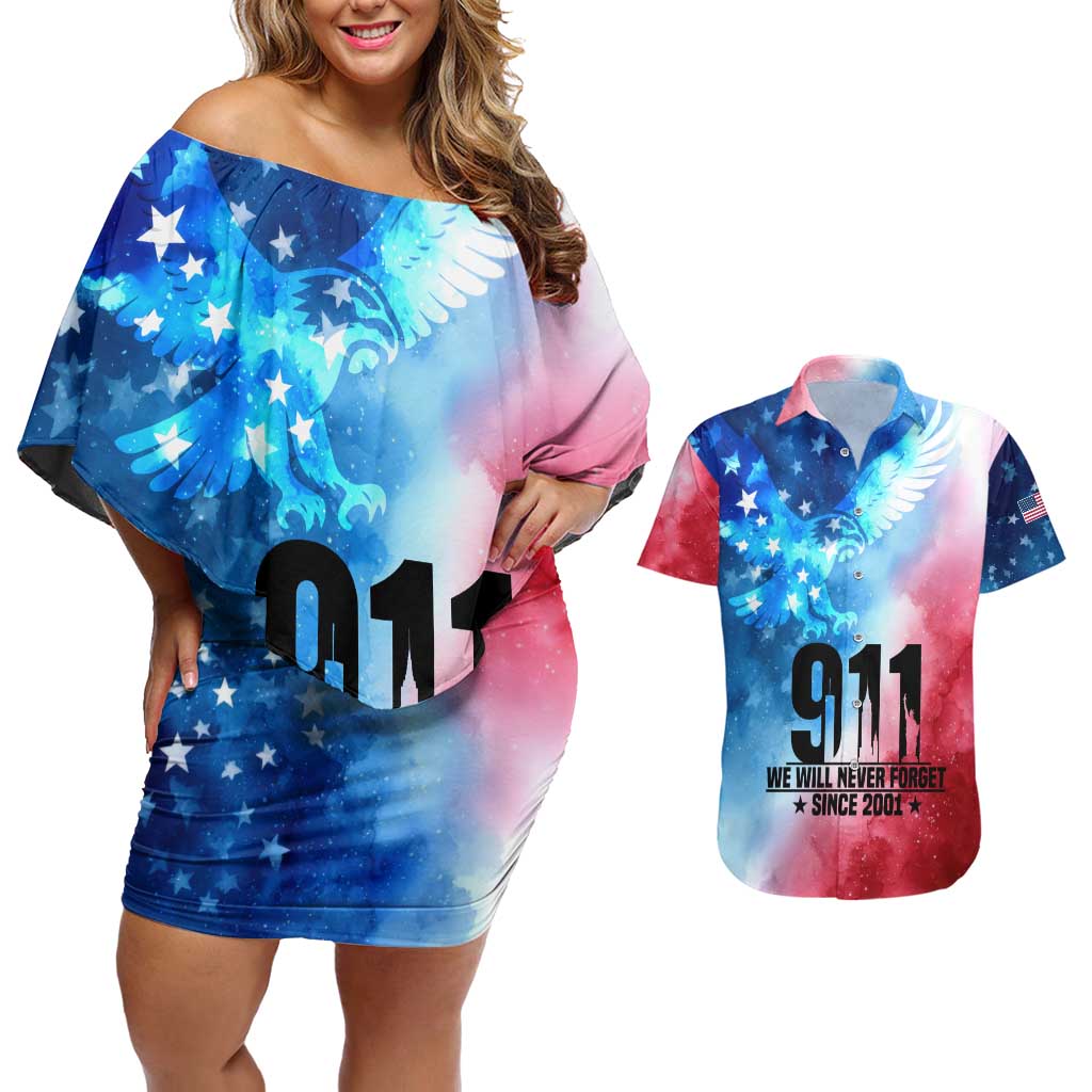 Patriotic 911 Memorial Patriot Day Couples Matching Off Shoulder Short Dress and Hawaiian Shirt American Flag and Bald Eagle - Wonder Print Shop