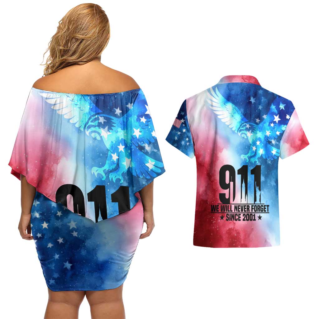 Patriotic 911 Memorial Patriot Day Couples Matching Off Shoulder Short Dress and Hawaiian Shirt American Flag and Bald Eagle - Wonder Print Shop