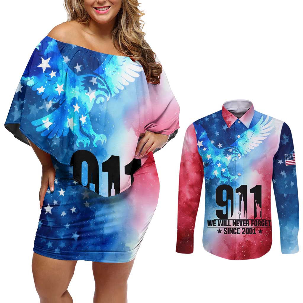 Patriotic 911 Memorial Patriot Day Couples Matching Off Shoulder Short Dress and Long Sleeve Button Shirt American Flag and Bald Eagle - Wonder Print Shop