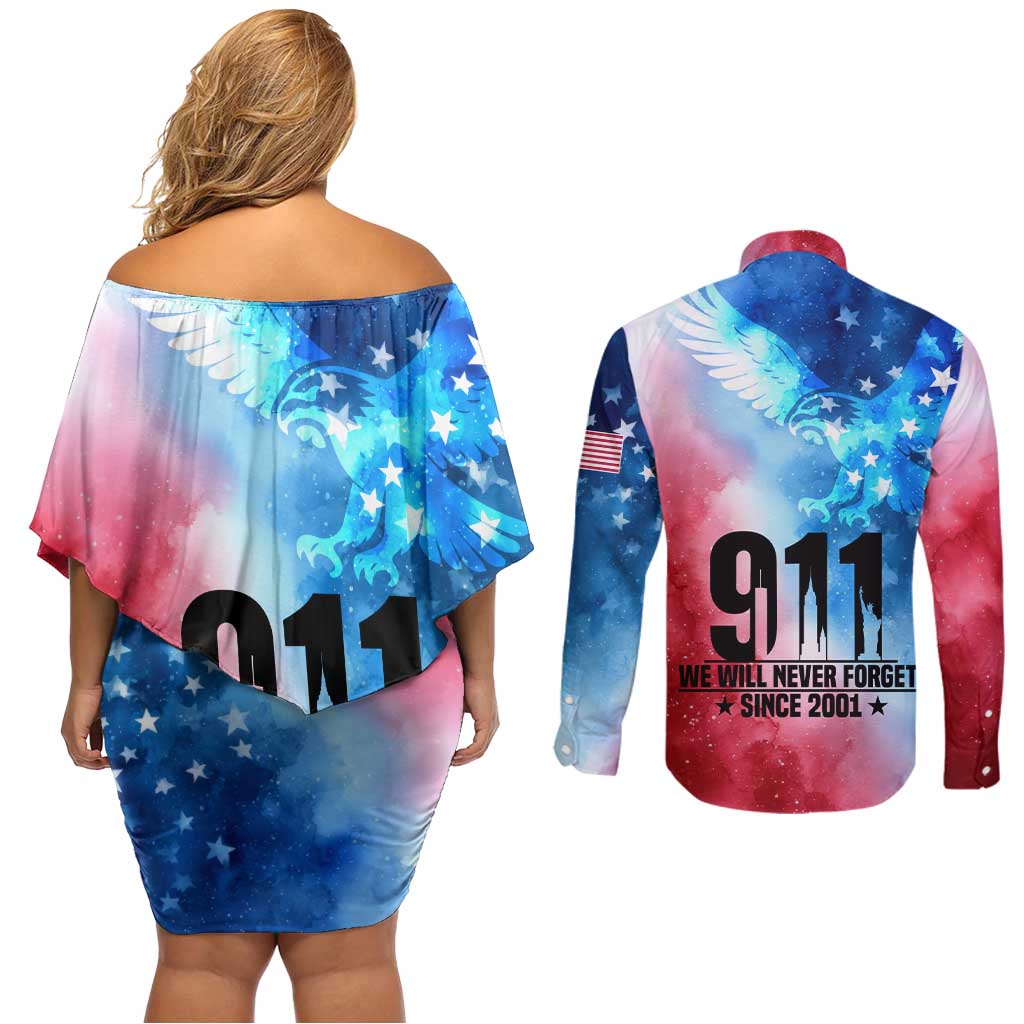 Patriotic 911 Memorial Patriot Day Couples Matching Off Shoulder Short Dress and Long Sleeve Button Shirt American Flag and Bald Eagle - Wonder Print Shop