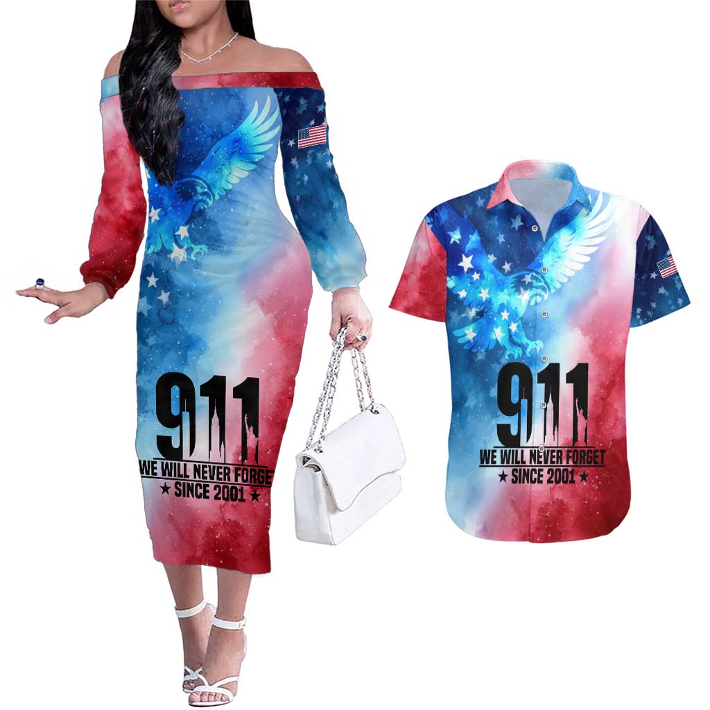 Patriotic 911 Memorial Patriot Day Couples Matching Off The Shoulder Long Sleeve Dress and Hawaiian Shirt American Flag and Bald Eagle - Wonder Print Shop