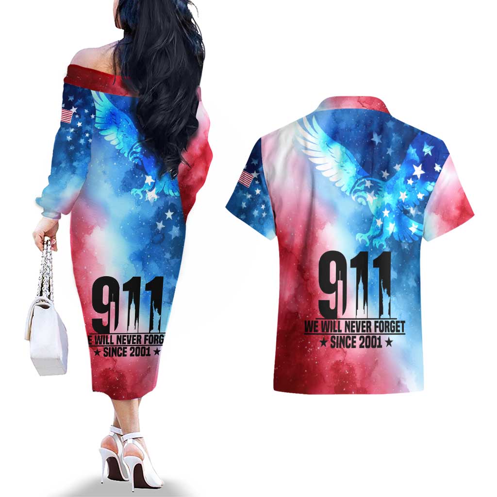 Patriotic 911 Memorial Patriot Day Couples Matching Off The Shoulder Long Sleeve Dress and Hawaiian Shirt American Flag and Bald Eagle - Wonder Print Shop