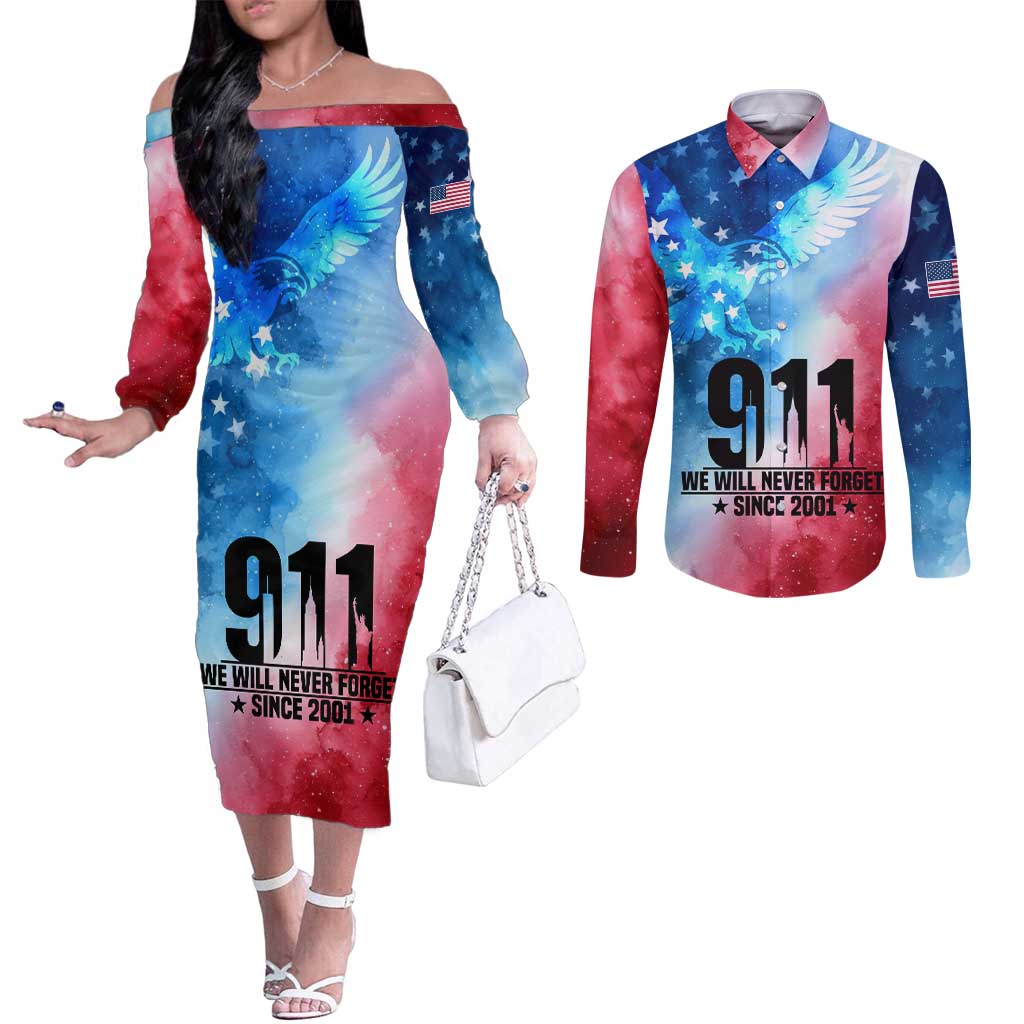 Patriotic 911 Memorial Patriot Day Couples Matching Off The Shoulder Long Sleeve Dress and Long Sleeve Button Shirt American Flag and Bald Eagle - Wonder Print Shop