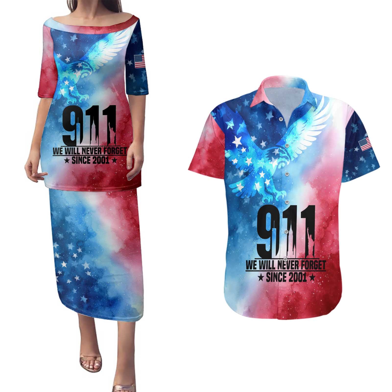 Patriotic 911 Memorial Patriot Day Couples Matching Puletasi and Hawaiian Shirt American Flag and Bald Eagle - Wonder Print Shop