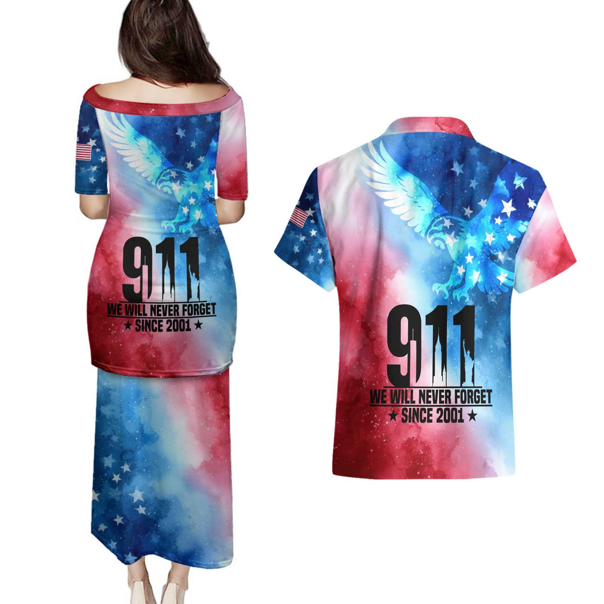 Patriotic 911 Memorial Patriot Day Couples Matching Puletasi and Hawaiian Shirt American Flag and Bald Eagle - Wonder Print Shop