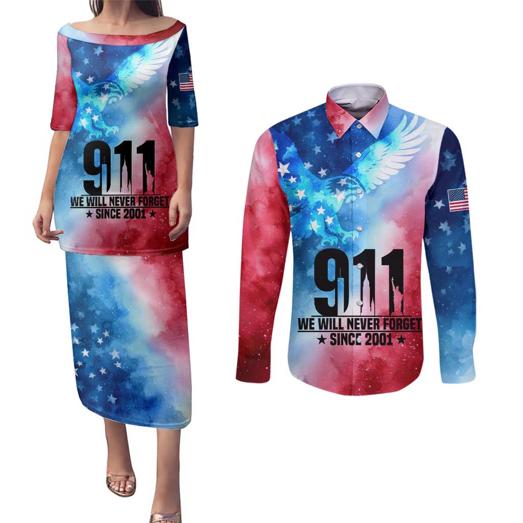 Patriotic 911 Memorial Patriot Day Couples Matching Puletasi and Long Sleeve Button Shirt American Flag and Bald Eagle - Wonder Print Shop