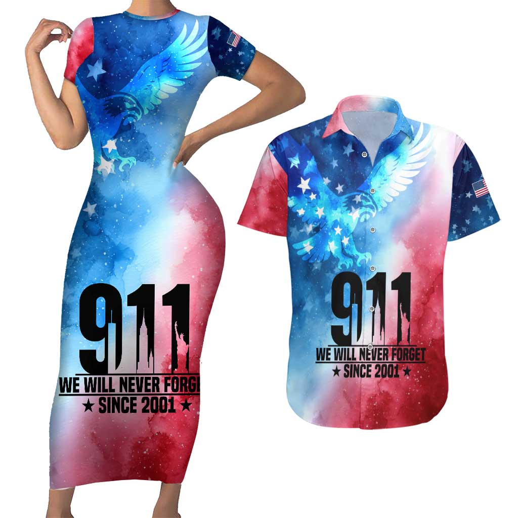 Patriotic 911 Memorial Patriot Day Couples Matching Short Sleeve Bodycon Dress and Hawaiian Shirt American Flag and Bald Eagle - Wonder Print Shop
