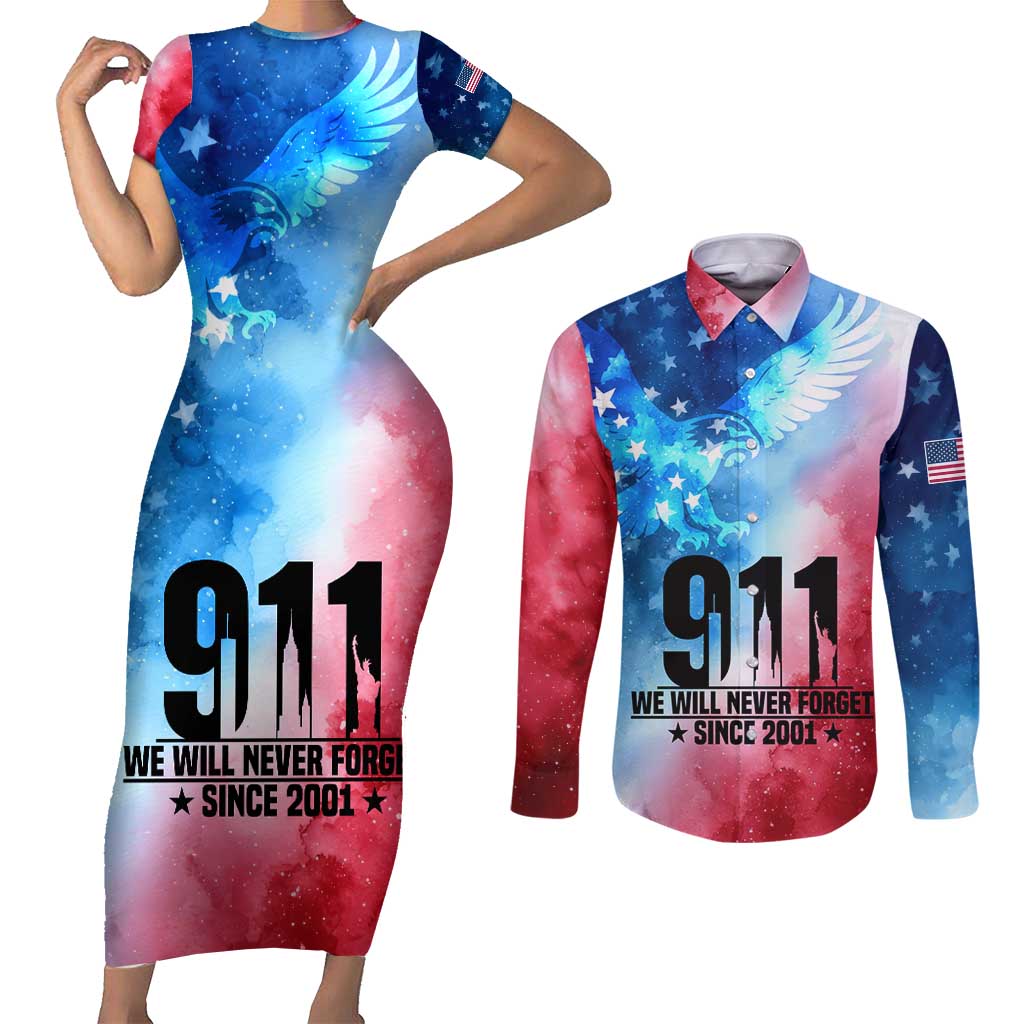 Patriotic 911 Memorial Patriot Day Couples Matching Short Sleeve Bodycon Dress and Long Sleeve Button Shirt American Flag and Bald Eagle - Wonder Print Shop