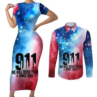Patriotic 911 Memorial Patriot Day Couples Matching Short Sleeve Bodycon Dress and Long Sleeve Button Shirt American Flag and Bald Eagle - Wonder Print Shop