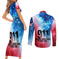 Patriotic 911 Memorial Patriot Day Couples Matching Short Sleeve Bodycon Dress and Long Sleeve Button Shirt American Flag and Bald Eagle - Wonder Print Shop
