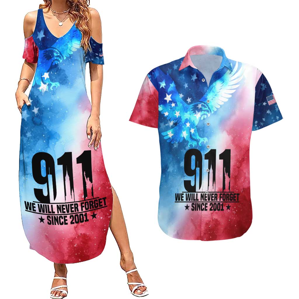 Patriotic 911 Memorial Patriot Day Couples Matching Summer Maxi Dress and Hawaiian Shirt American Flag and Bald Eagle - Wonder Print Shop