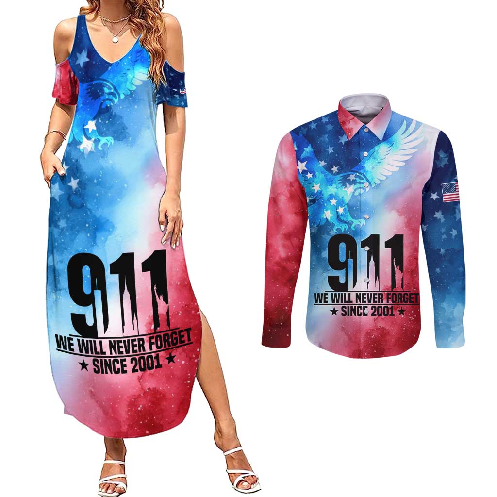 Patriotic 911 Memorial Patriot Day Couples Matching Summer Maxi Dress and Long Sleeve Button Shirt American Flag and Bald Eagle - Wonder Print Shop