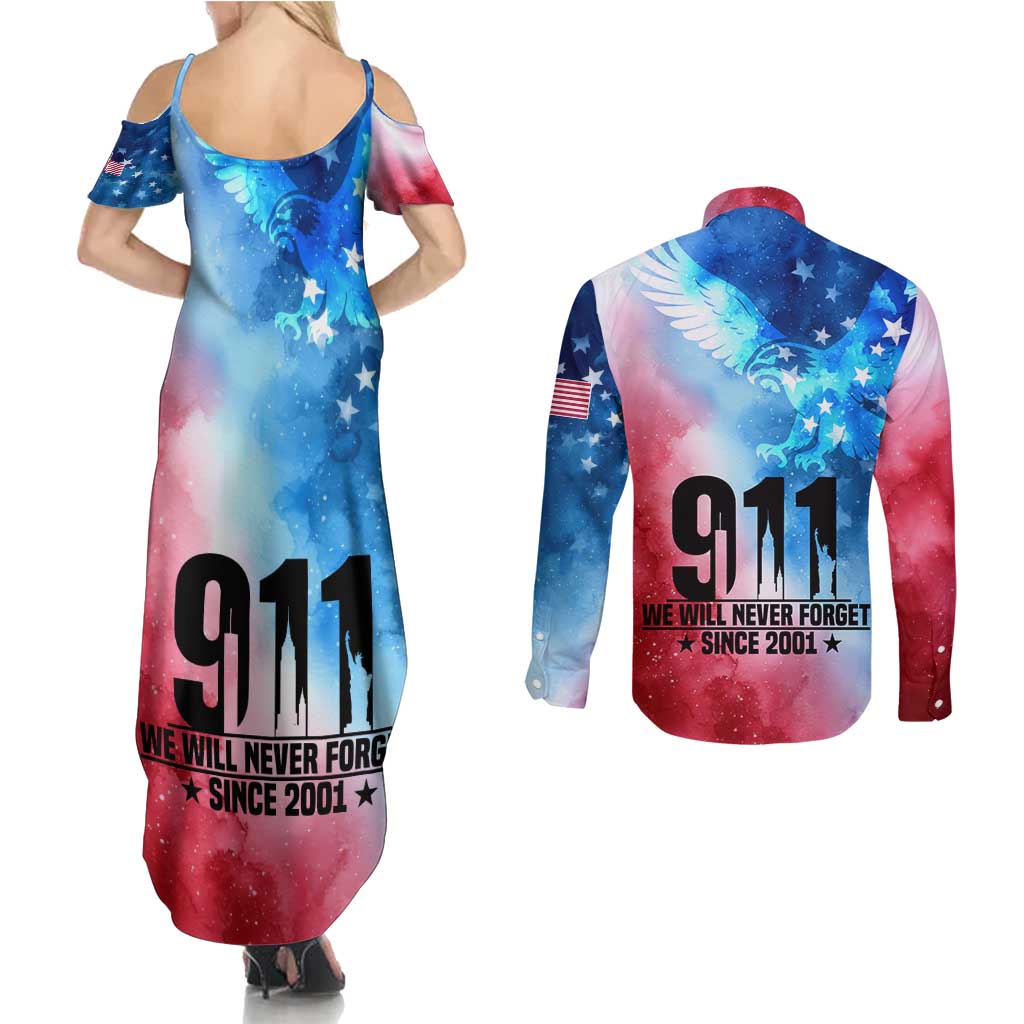 Patriotic 911 Memorial Patriot Day Couples Matching Summer Maxi Dress and Long Sleeve Button Shirt American Flag and Bald Eagle - Wonder Print Shop
