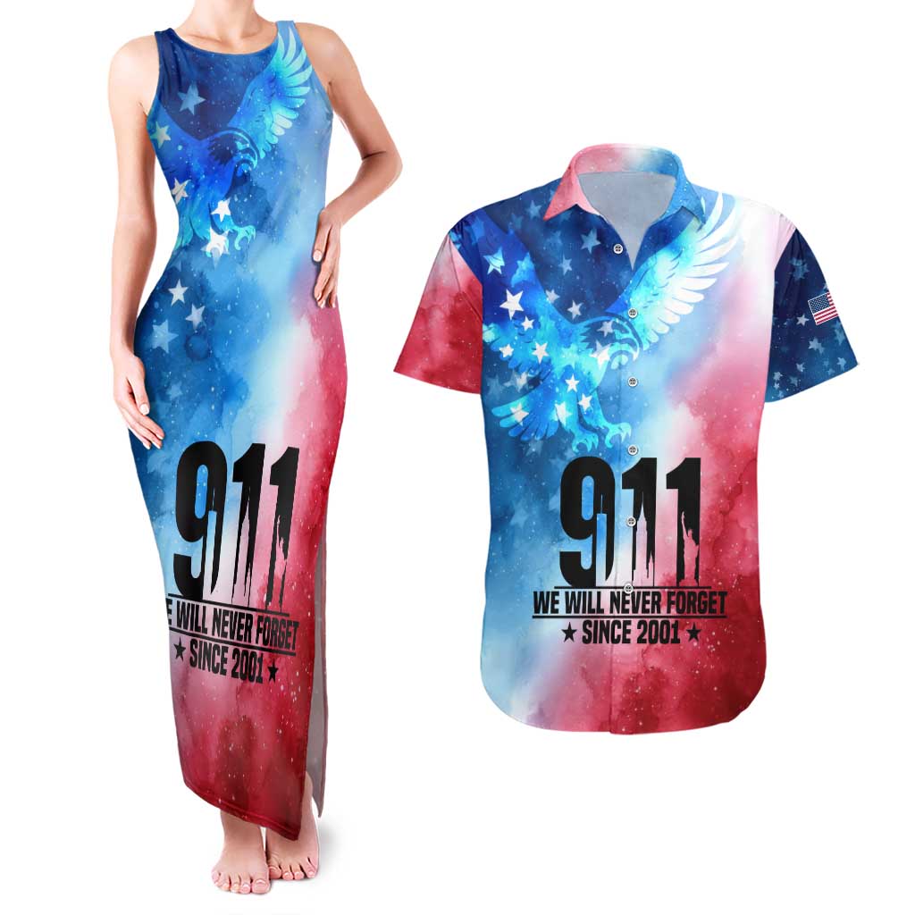 Patriotic 911 Memorial Patriot Day Couples Matching Tank Maxi Dress and Hawaiian Shirt American Flag and Bald Eagle - Wonder Print Shop