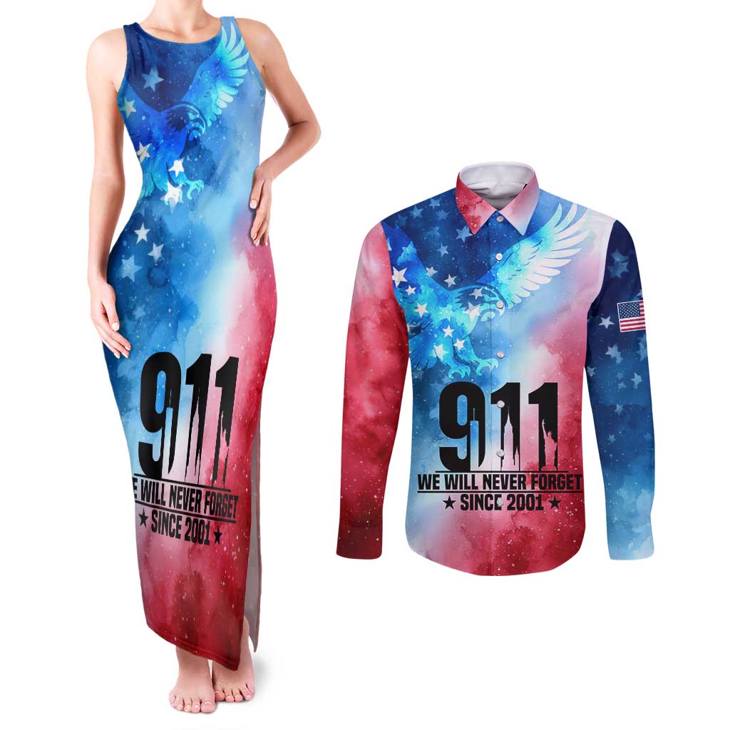 Patriotic 911 Memorial Patriot Day Couples Matching Tank Maxi Dress and Long Sleeve Button Shirt American Flag and Bald Eagle - Wonder Print Shop