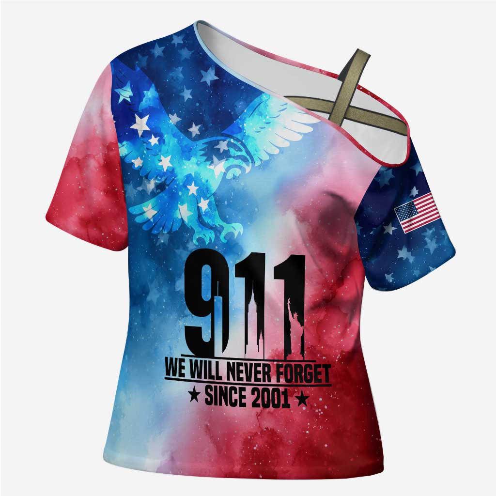 Patriotic 911 Memorial Patriot Day Cross Shoulder Shirt American Flag and Bald Eagle - Wonder Print Shop