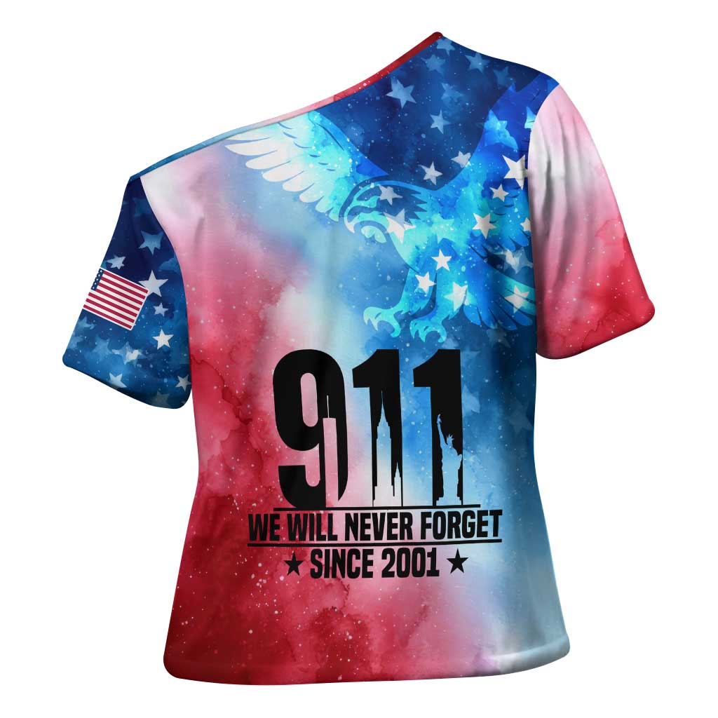 Patriotic 911 Memorial Patriot Day Cross Shoulder Shirt American Flag and Bald Eagle - Wonder Print Shop