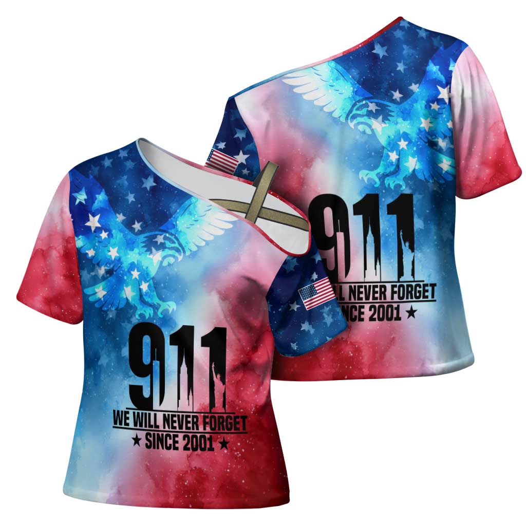 Patriotic 911 Memorial Patriot Day Cross Shoulder Shirt American Flag and Bald Eagle - Wonder Print Shop