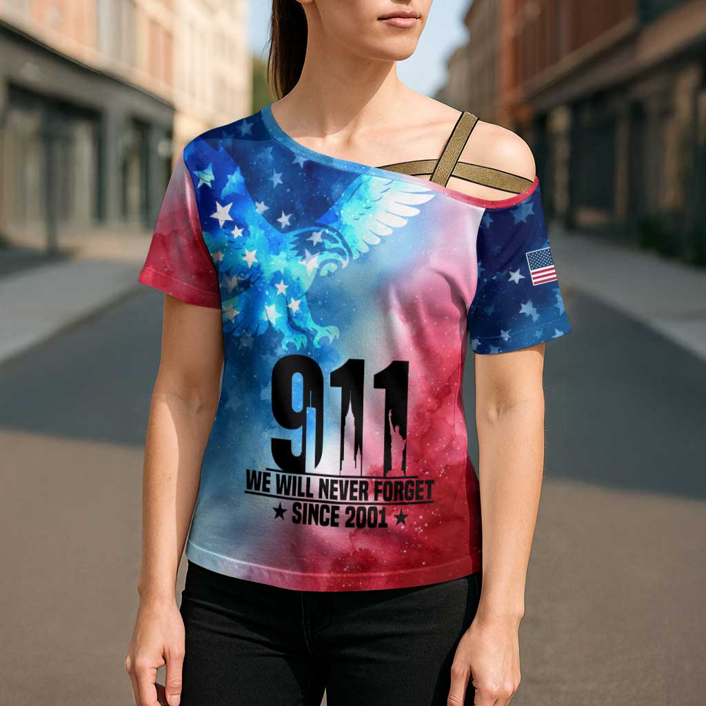 Patriotic 911 Memorial Patriot Day Cross Shoulder Shirt American Flag and Bald Eagle - Wonder Print Shop