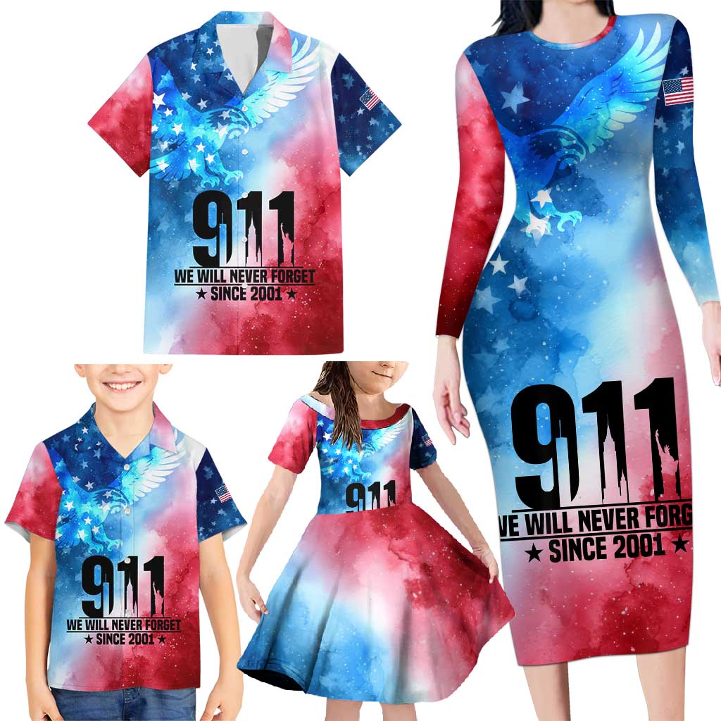 Patriotic 911 Memorial Patriot Day Family Matching Long Sleeve Bodycon Dress and Hawaiian Shirt American Flag and Bald Eagle - Wonder Print Shop