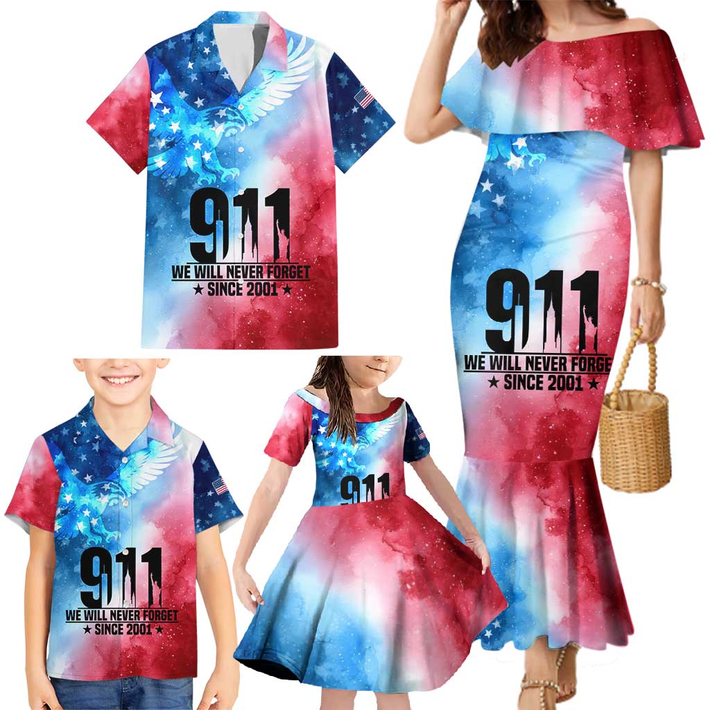 Patriotic 911 Memorial Patriot Day Family Matching Mermaid Dress and Hawaiian Shirt American Flag and Bald Eagle - Wonder Print Shop