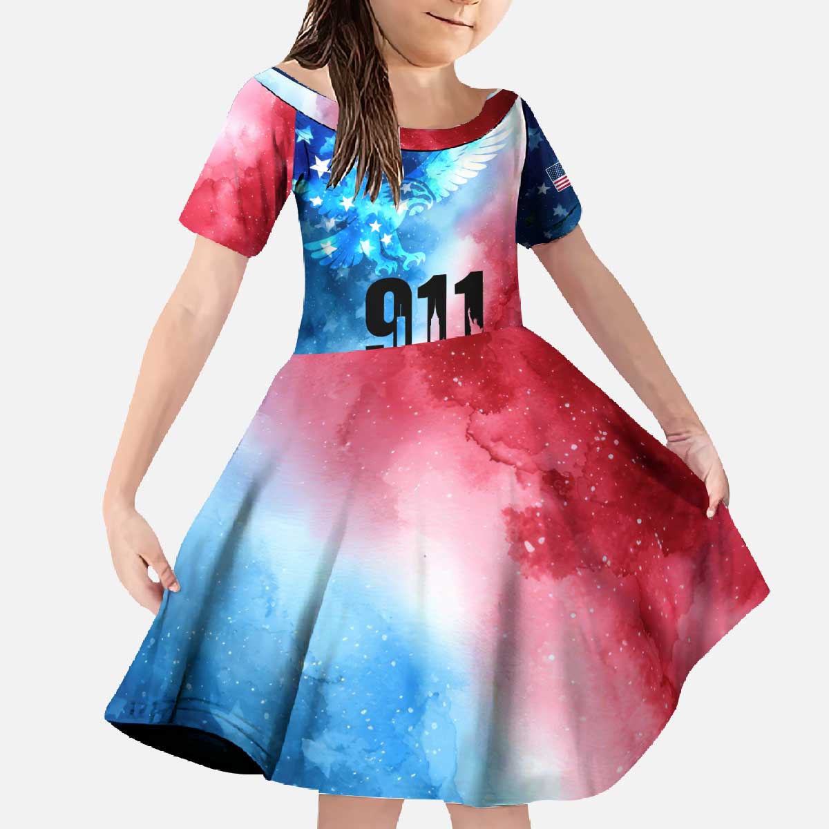 Patriotic 911 Memorial Patriot Day Family Matching Off The Shoulder Long Sleeve Dress and Hawaiian Shirt American Flag and Bald Eagle - Wonder Print Shop