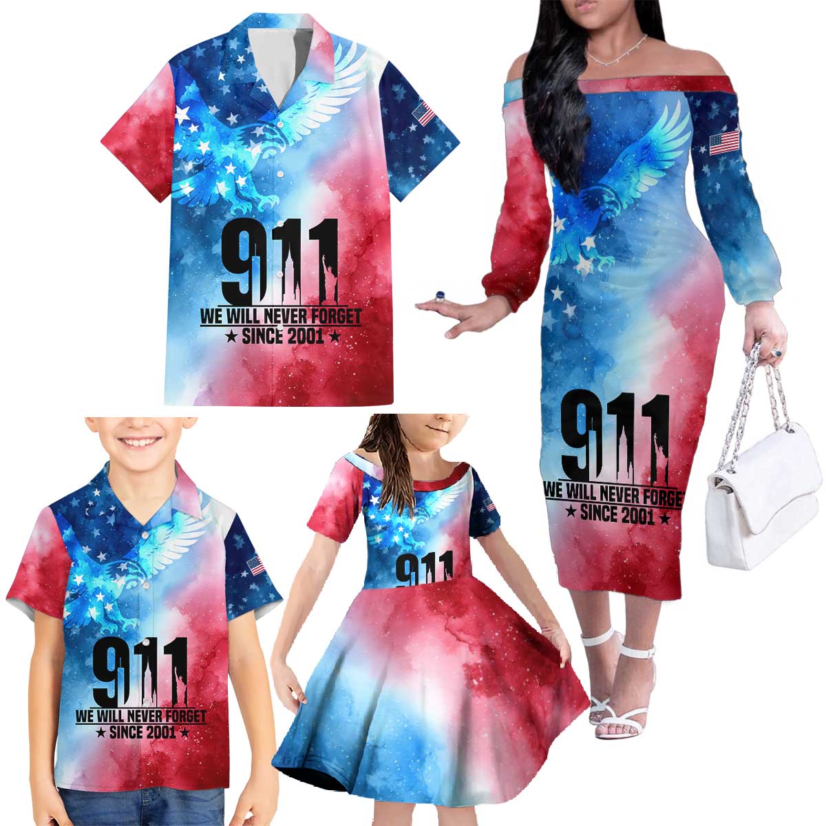 Patriotic 911 Memorial Patriot Day Family Matching Off The Shoulder Long Sleeve Dress and Hawaiian Shirt American Flag and Bald Eagle - Wonder Print Shop
