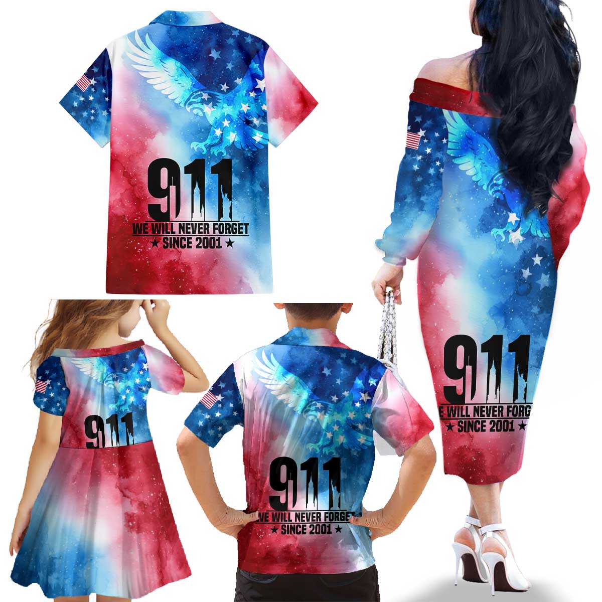 Patriotic 911 Memorial Patriot Day Family Matching Off The Shoulder Long Sleeve Dress and Hawaiian Shirt American Flag and Bald Eagle - Wonder Print Shop