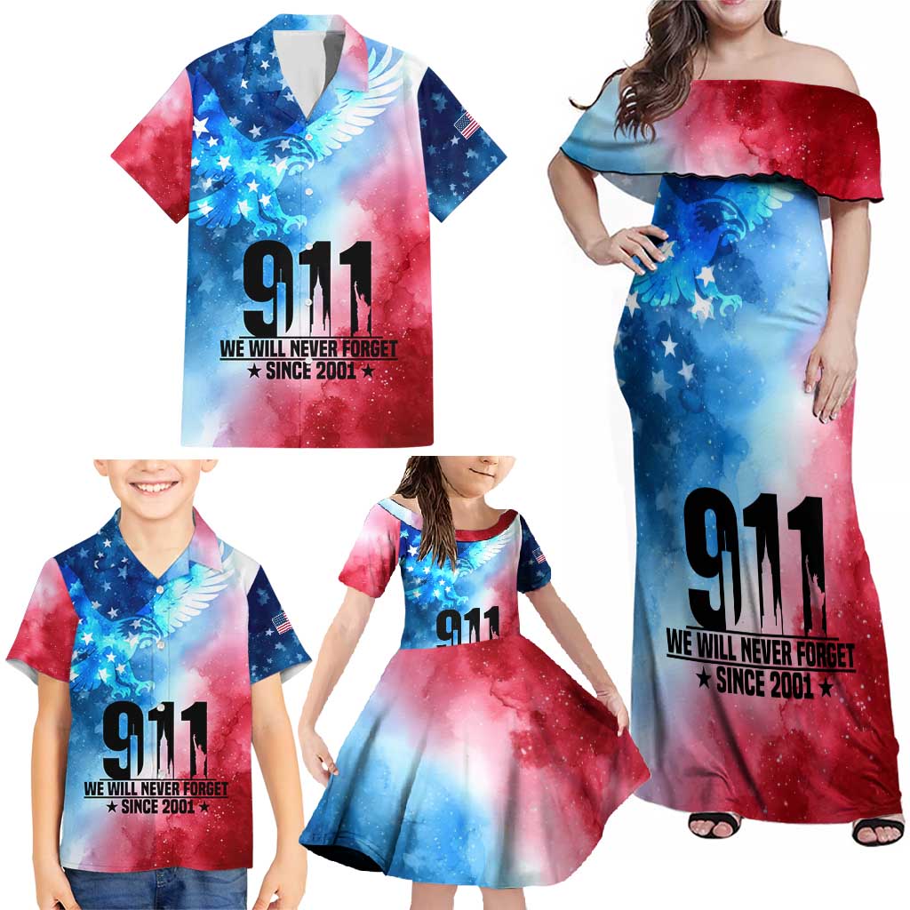 Patriotic 911 Memorial Patriot Day Family Matching Off Shoulder Maxi Dress and Hawaiian Shirt American Flag and Bald Eagle - Wonder Print Shop