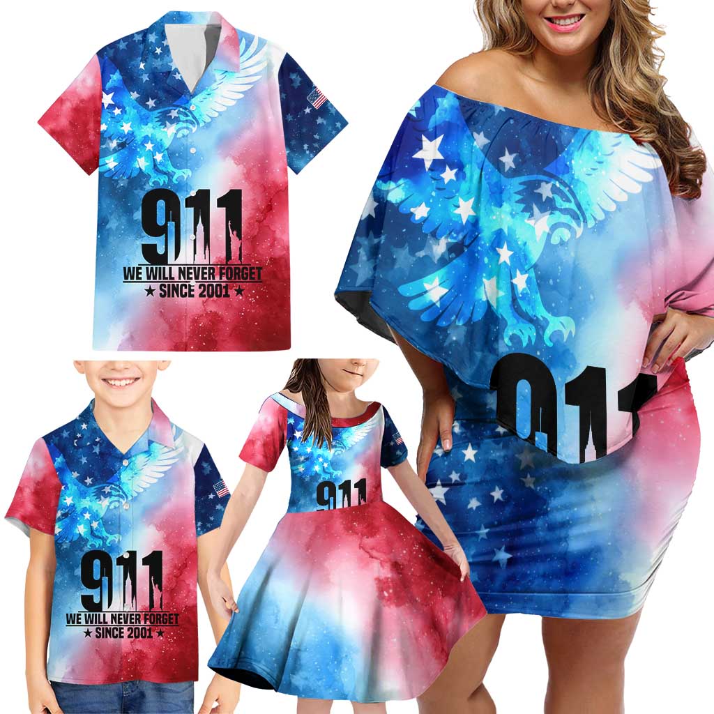 Patriotic 911 Memorial Patriot Day Family Matching Off Shoulder Short Dress and Hawaiian Shirt American Flag and Bald Eagle - Wonder Print Shop
