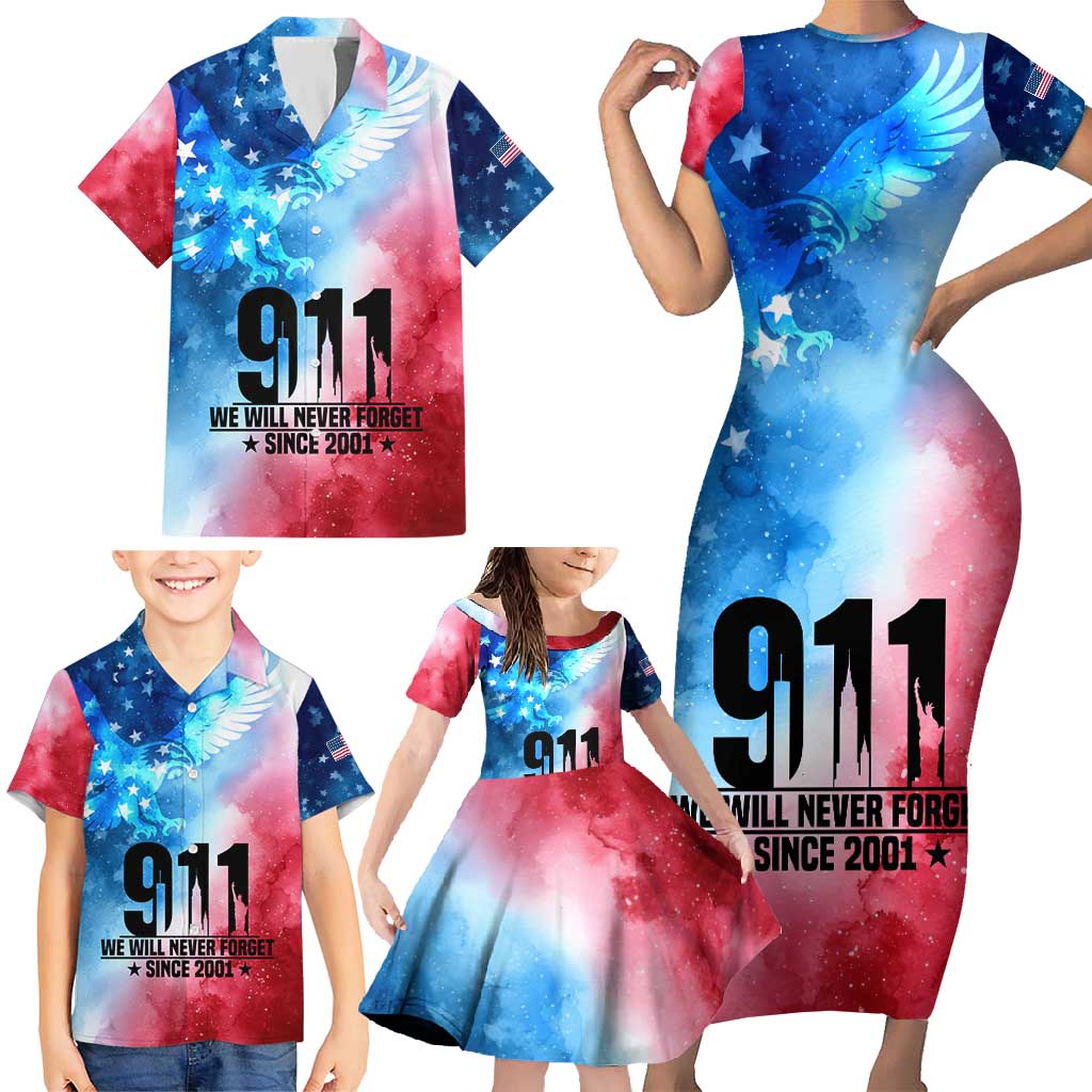 Patriotic 911 Memorial Patriot Day Family Matching Short Sleeve Bodycon Dress and Hawaiian Shirt American Flag and Bald Eagle - Wonder Print Shop