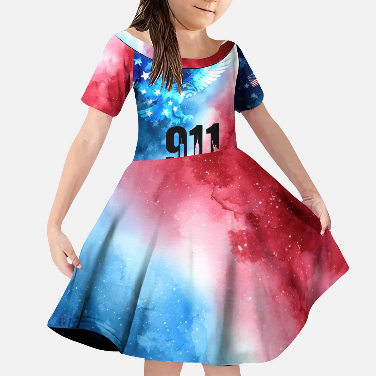 Patriotic 911 Memorial Patriot Day Kid Short Sleeve Dress American Flag and Bald Eagle - Wonder Print Shop