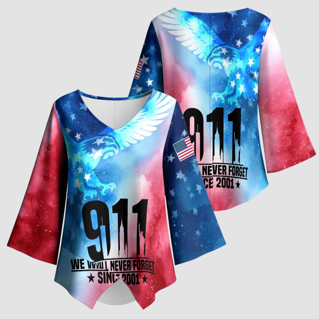 Patriotic 911 Memorial Patriot Day Kimono Sleeve Blouse American Flag and Bald Eagle - Wonder Print Shop