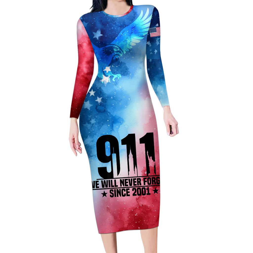 Patriotic 911 Memorial Patriot Day Long Sleeve Bodycon Dress American Flag and Bald Eagle - Wonder Print Shop