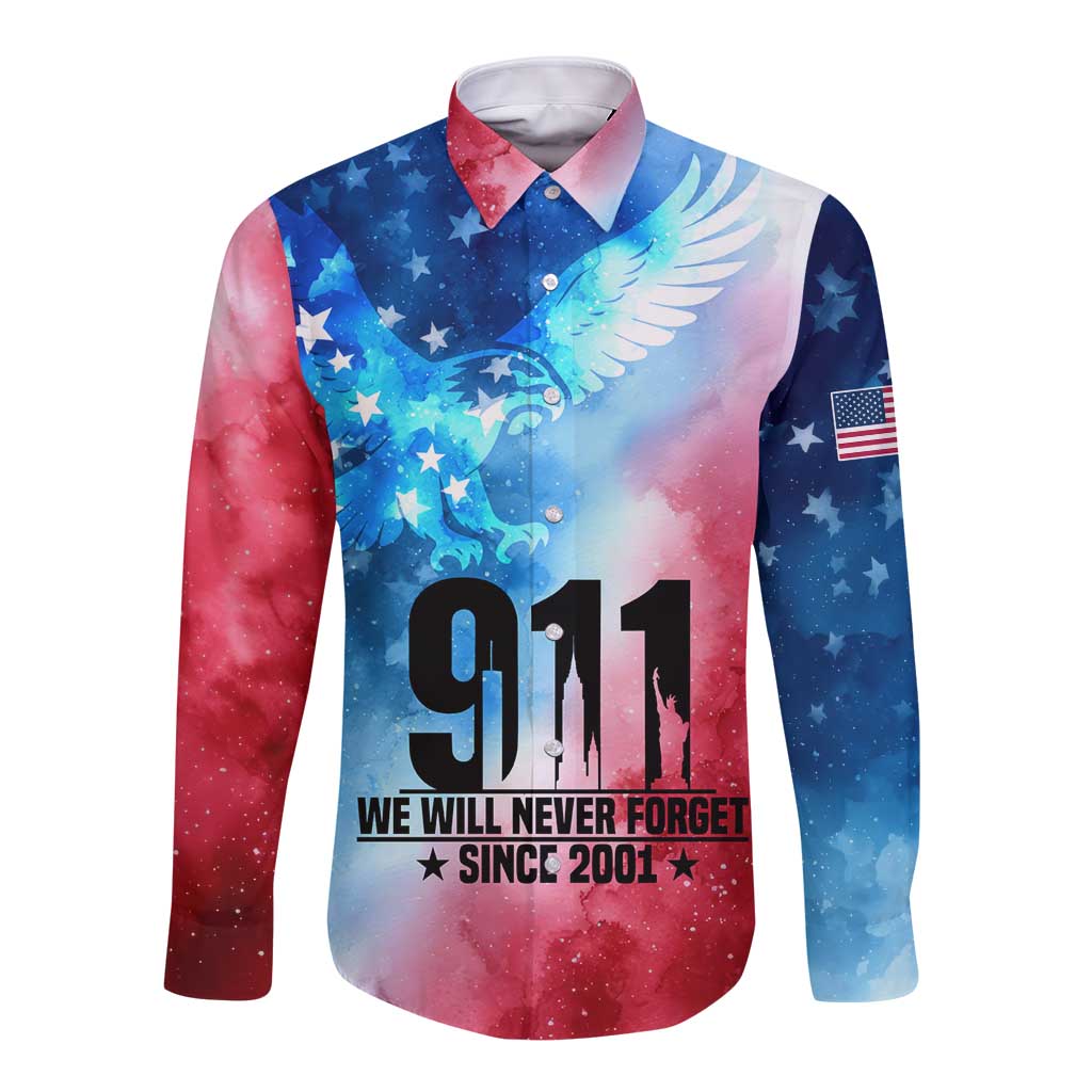 Patriotic 911 Memorial Patriot Day Long Sleeve Button Shirt American Flag and Bald Eagle - Wonder Print Shop